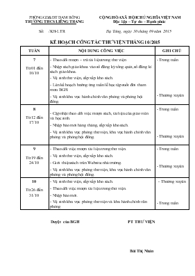 Kế hoạch công tác thư viện tháng 102015